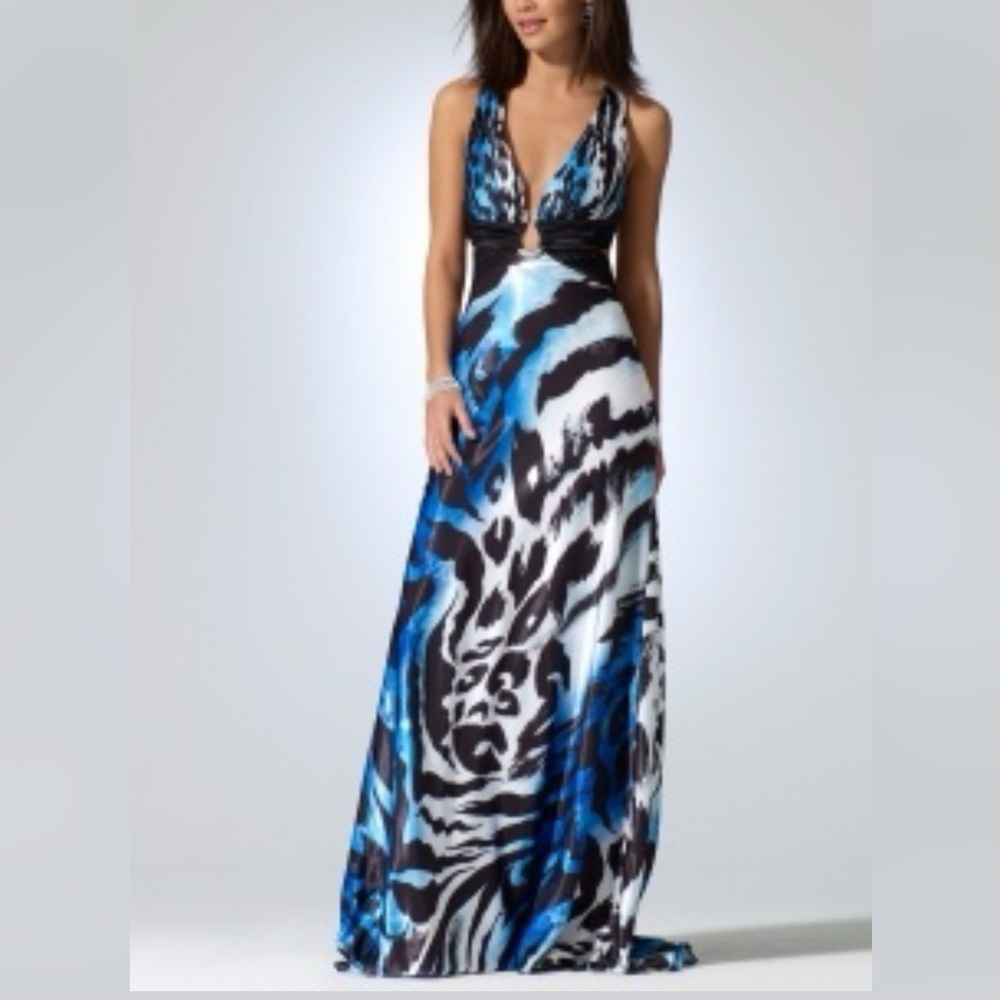 Y2K Cache Blue Black Animal Print Halter
Avant Garde  Cocktail Dress Size 8